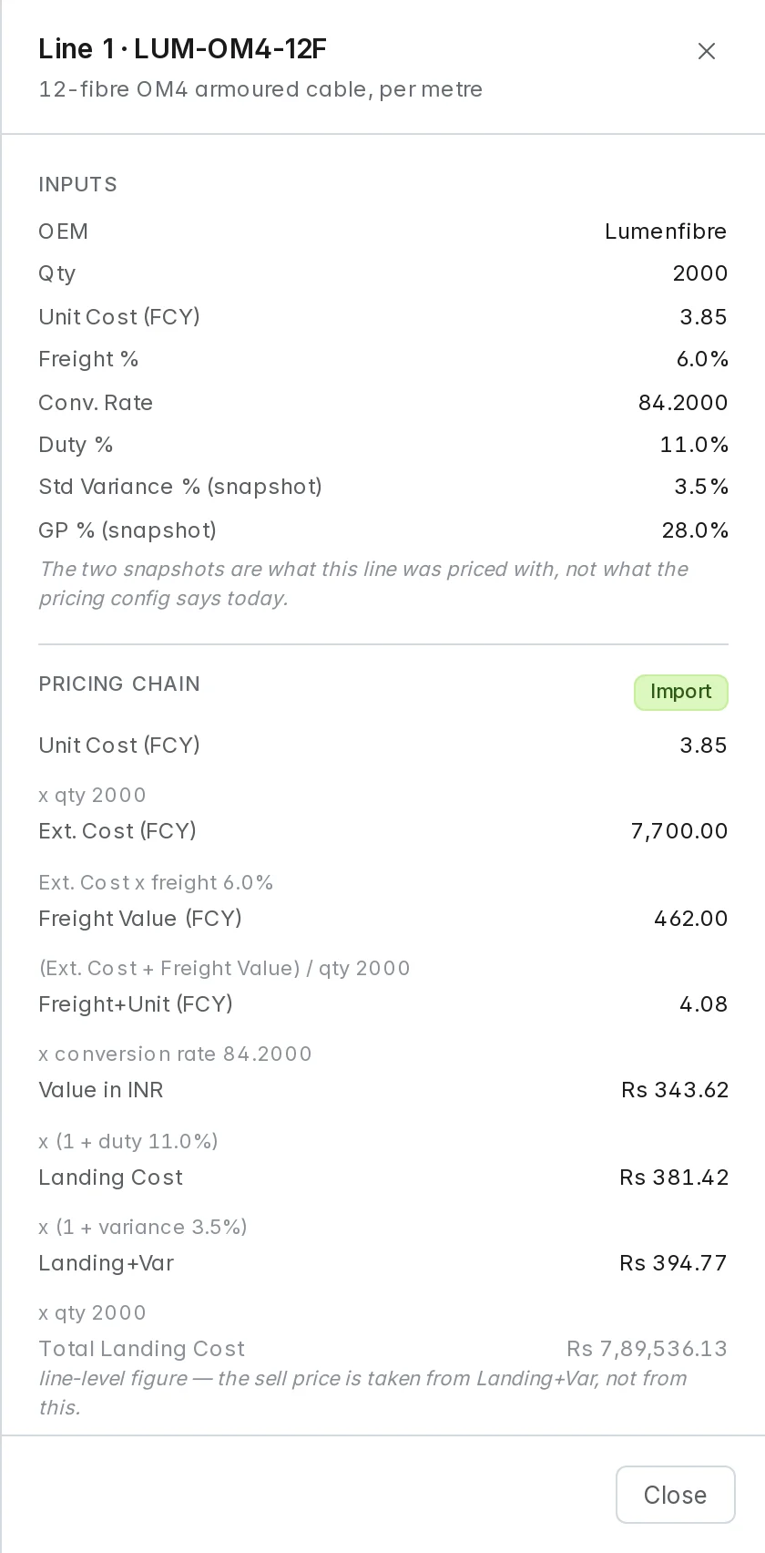 An imported line's explanation: unit cost in dollars, freight, conversion rate, duty, landing cost.