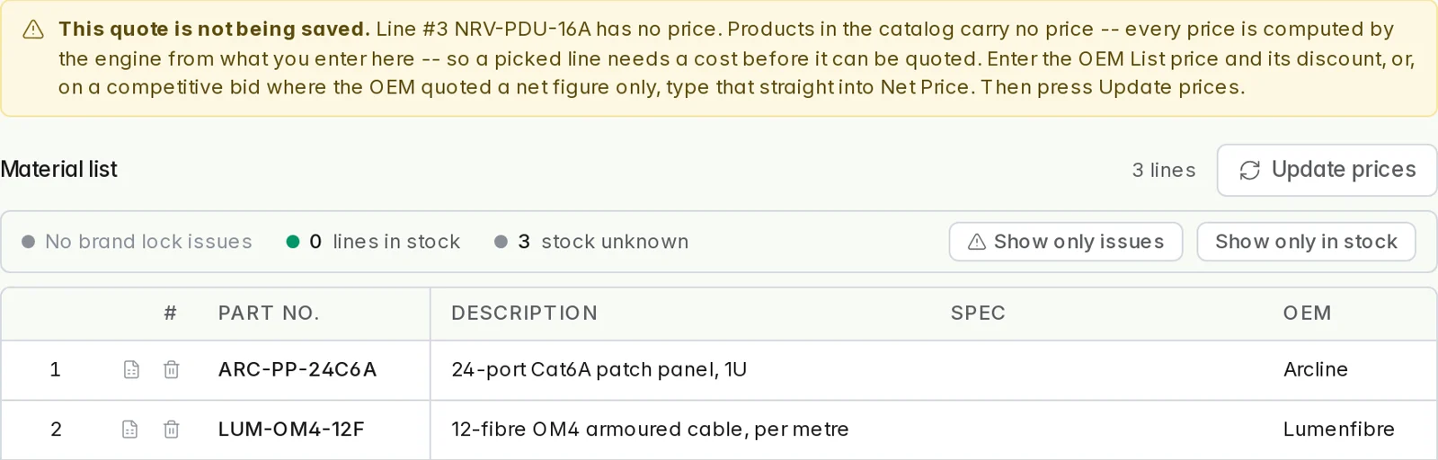 A banner explaining that a line has no price and what to enter, above the quote's lines.