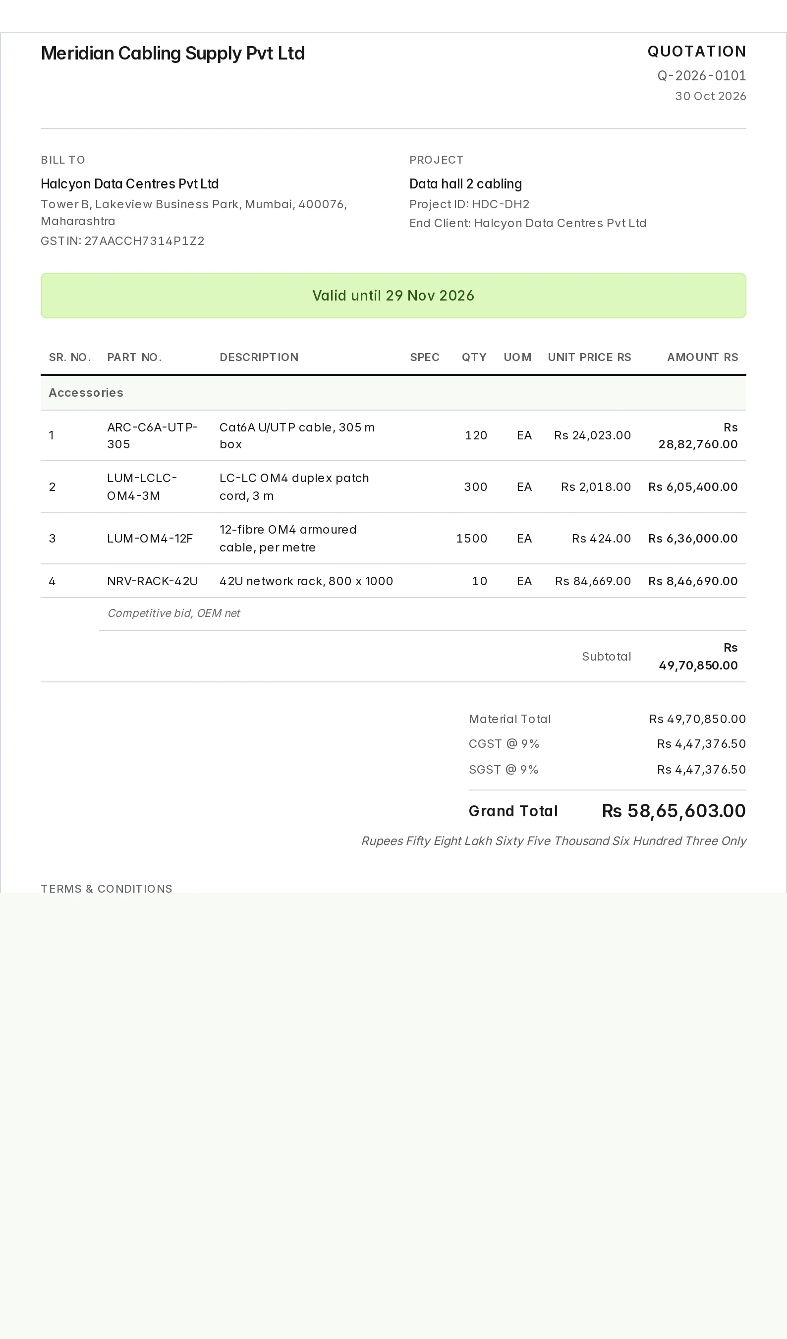 The customer quote document with line items, totals and GST.