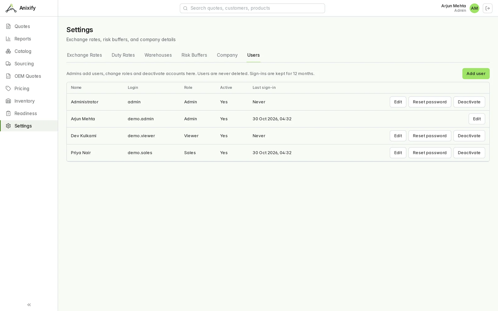 The Users screen with names, roles and last sign-in.